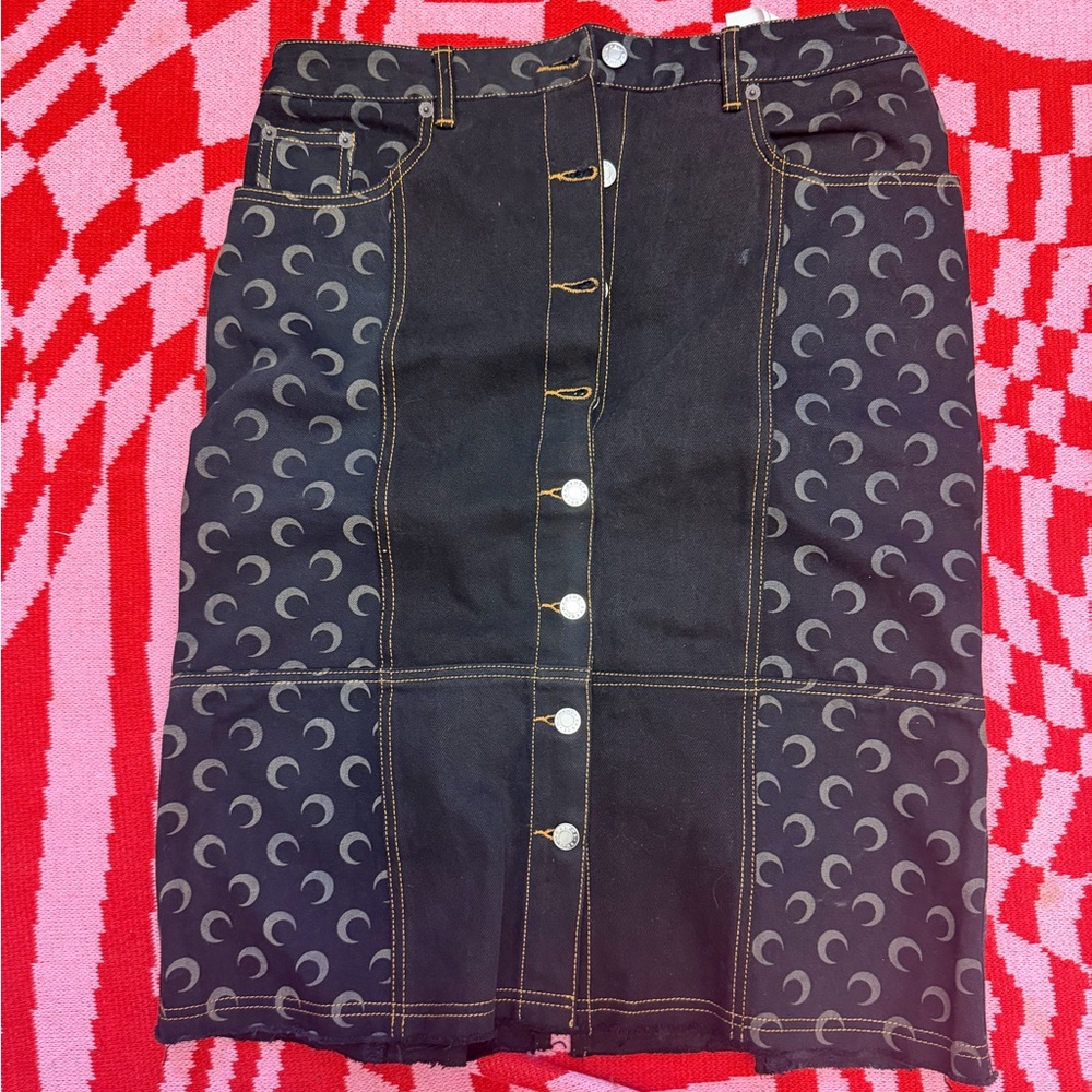 Marine Serre Black Crescent Moon Print Button-Front Denim Skirt